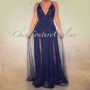 Black Sequins Scallop Tulle Maxi Dress